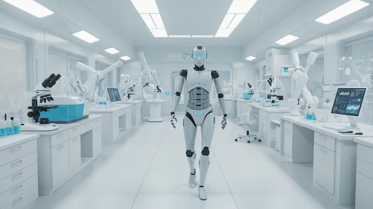 Futuristic Laboratory Showcase Featuring an Advanced Robot in a High-Tech Environment with Automated Equipment and Experimental Apparatus