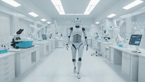 futuristic laboratory showcase featuring an advanced robot in a high-tech environment with automated equipment and experimental apparatus