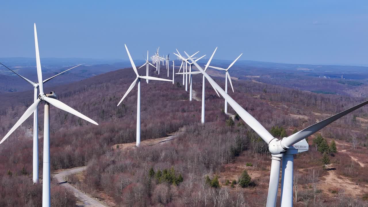 Wind turbines on Appalachian ridge at Mountaineer Wind Center in Thomas, West Virginia