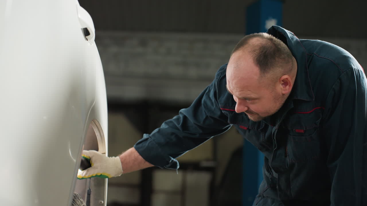 mecánico enfocado en uniforme azul inspecciona el neumático del coche con lámpara led mientras está arrodillado, mostrando un cuidado automotriz meticuloso en un taller