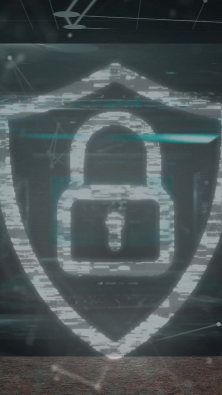 Animation of padlock icon with fingerprints over data processing on black background