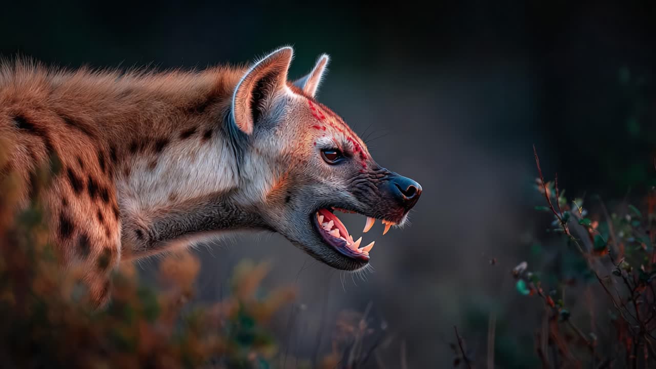 A Close-Up of a Menacing Hyena Displaying Its Sharp Teeth and Bloodstains, Highlighting the Predatory Nature of This Intriguing Carnivore in Its Natural Habitat