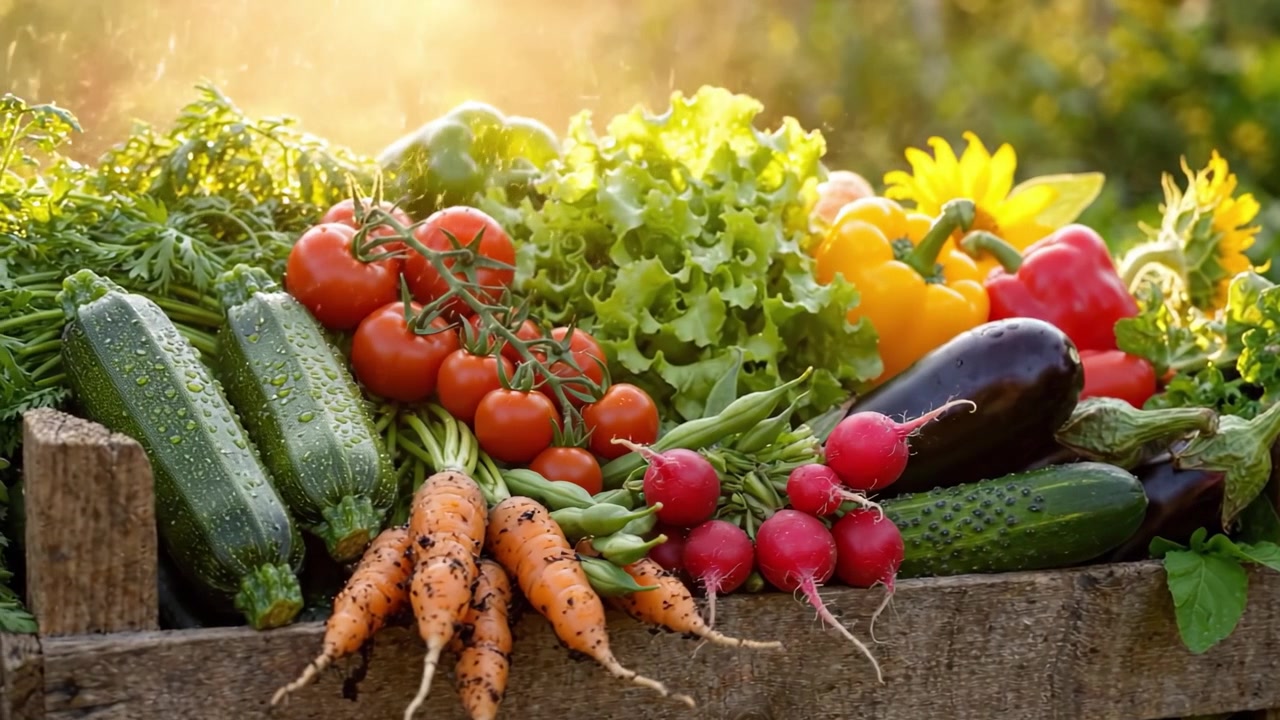 Una Cosecha Abundante: Exhibición Vibrante de Verduras Frescas en una Caja de Madera Rodeada por la Belleza de la Naturaleza y la Luz del Sol