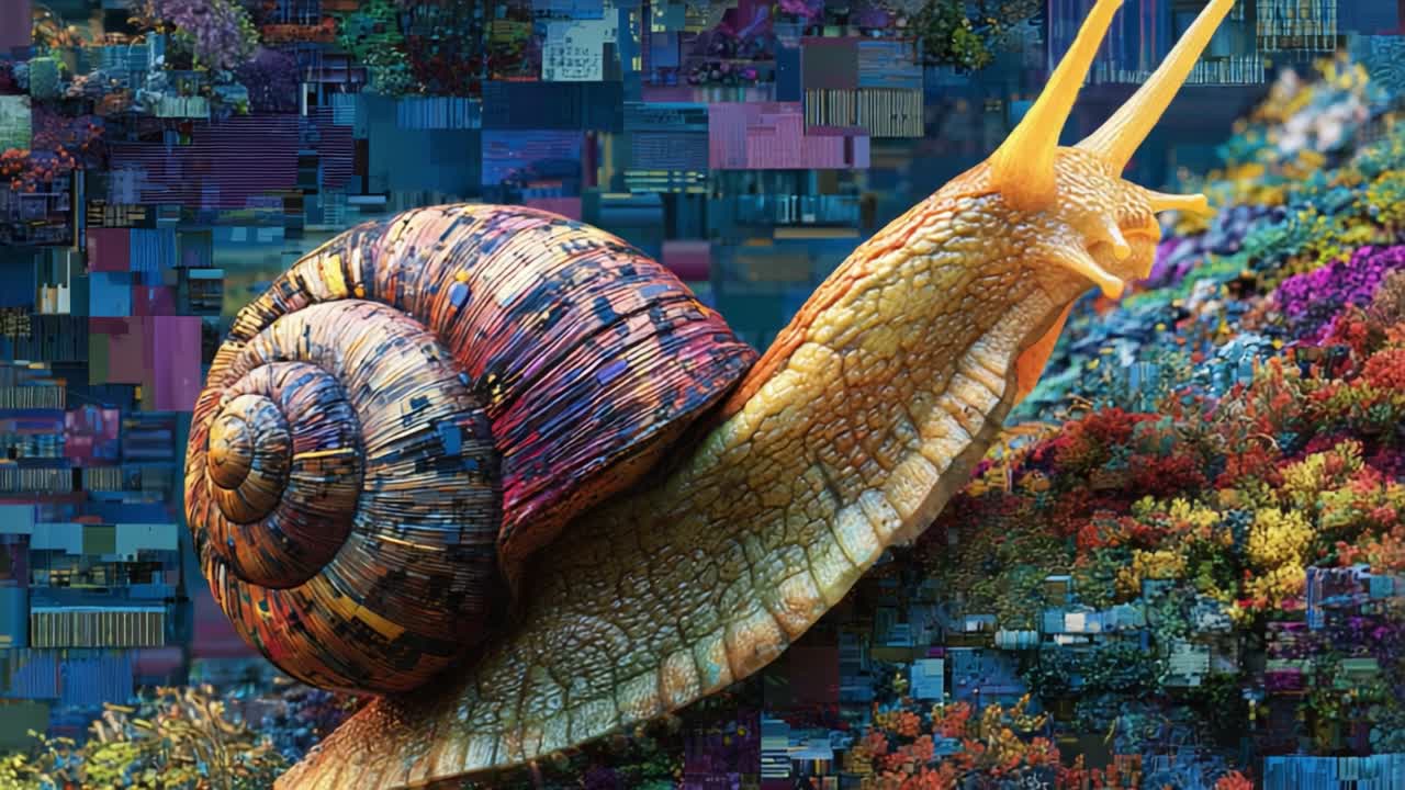 A Magnificent Close-Up of a Colorful Snail Gliding Over a Vibrant Abstract Landscape, Showcasing Nature's Details and Artistic Patterns in Every Frame
