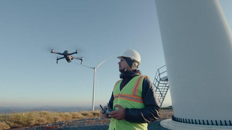 Engineer Using Drone for Wind Farm Inspection
