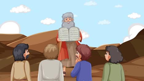 elderly figure presenting tablets to a young audience.