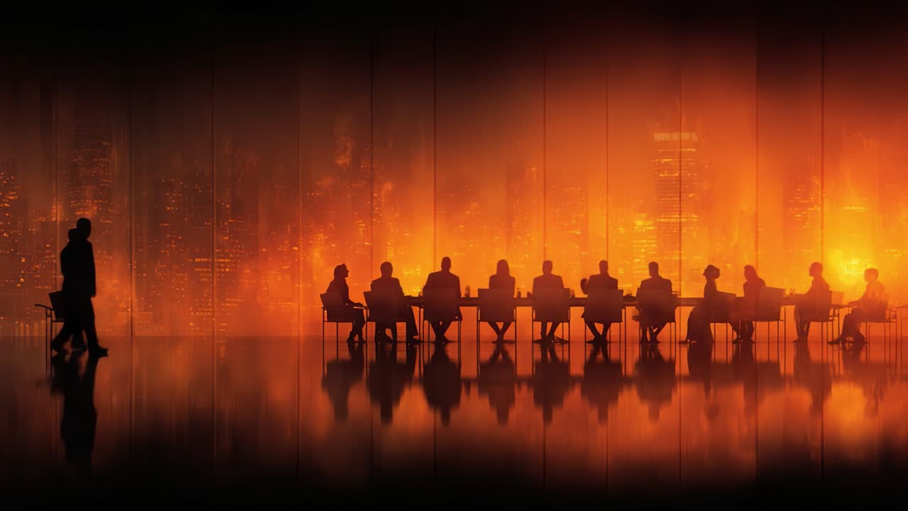 Un incontro misterioso: Ombre di decisori si riuniscono contro un orizzonte urbano infuocato, catturando l'essenza della pianificazione strategica in tempi incerti