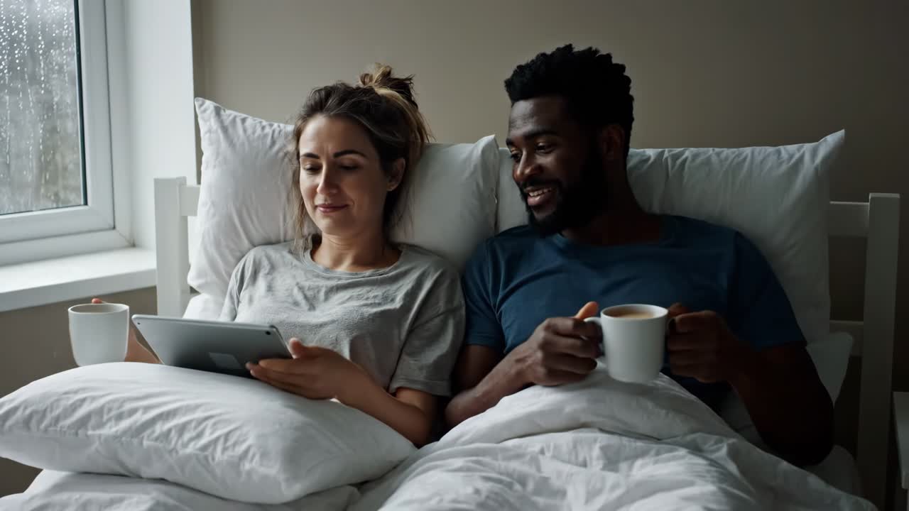 Couple Relaxing in Bed with Tablet and Coffee