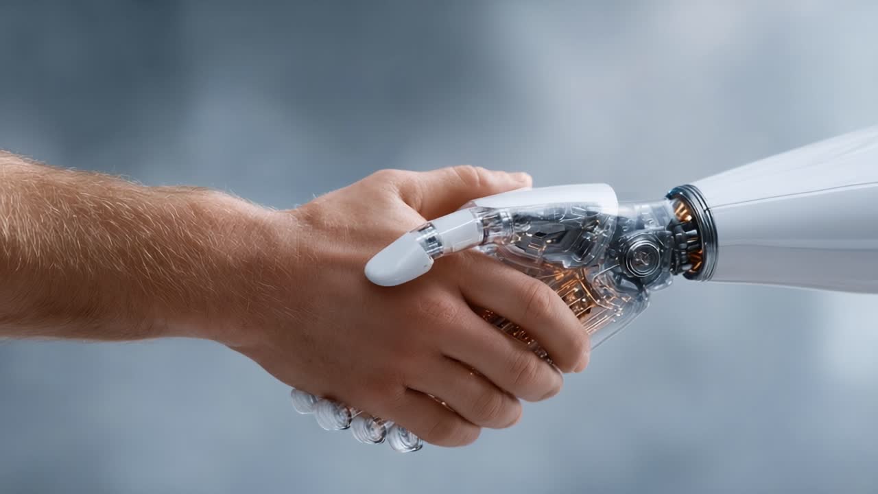 A Human Hand Shaking an Advanced Robotic Hand, Symbolizing the Harmonious Relationship Between Humanity and Technology in a Futuristic Setting