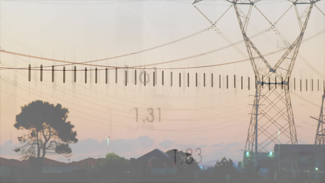 Tower standing among dusk skyline with scale overlay marking powerlines and rooftops in flat design