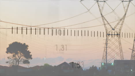 tower standing among dusk skyline with scale overlay marking powerlines and rooftops in flat design