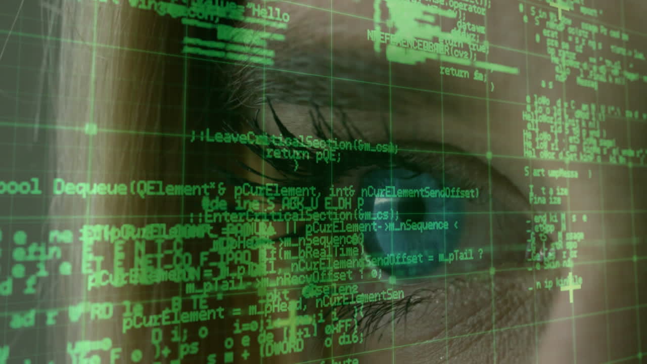 animación del procesamiento de datos sobre la cuadrícula y el rostro de la mujer