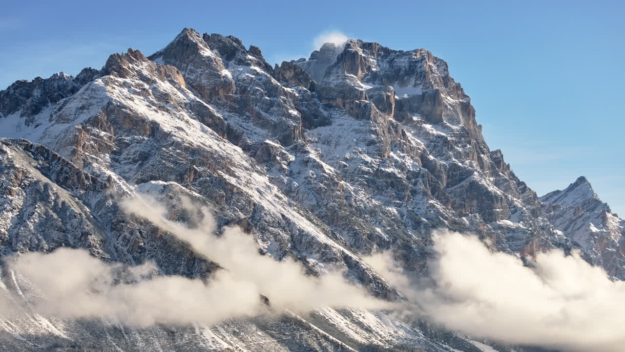 Aerial drone view of the Cortina d'Ampezzo ski resort in the Dolomites, Italy