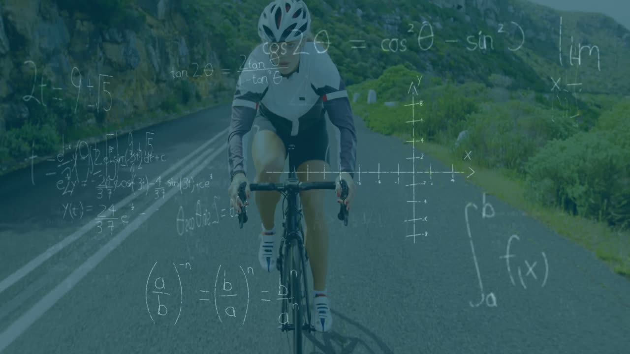 Mathematical equations and diagrams against woman cycling on the road