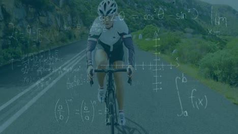 ecuaciones matemáticas y diagramas contra la mujer en bicicleta en la carretera