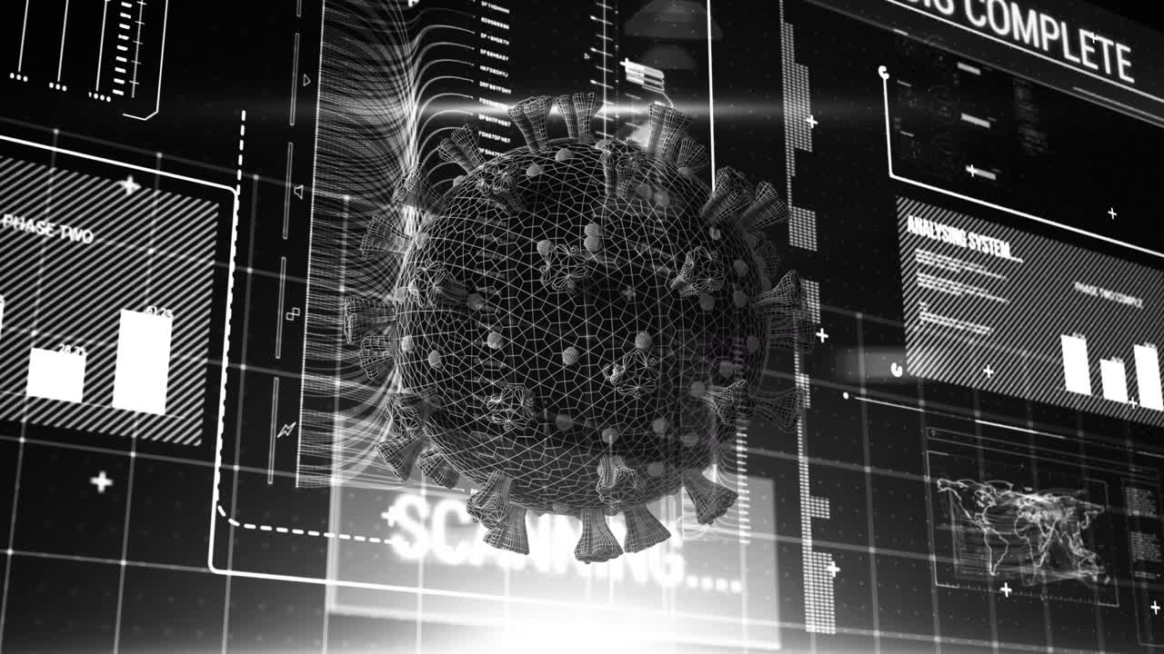 파란색과 검은색 공간에서 화면의 다리에 걸쳐 다양한 데이터 처리의 애니메이션