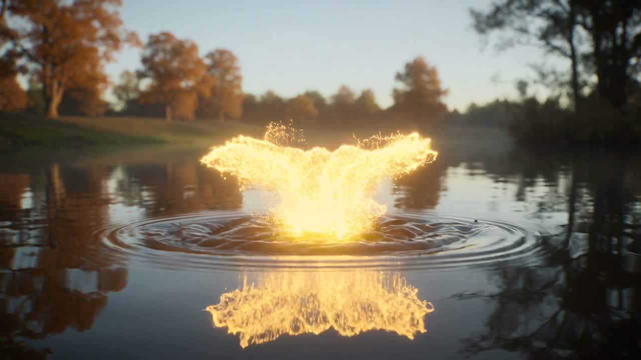 Falling brown leaf creating bright golden fountain on calm lake, emitting sparks and ripples