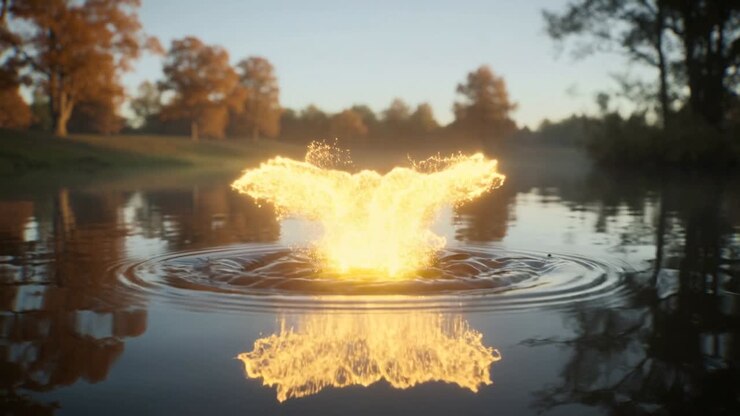 Falling brown leaf creating bright golden fountain on calm lake, emitting sparks and ripples