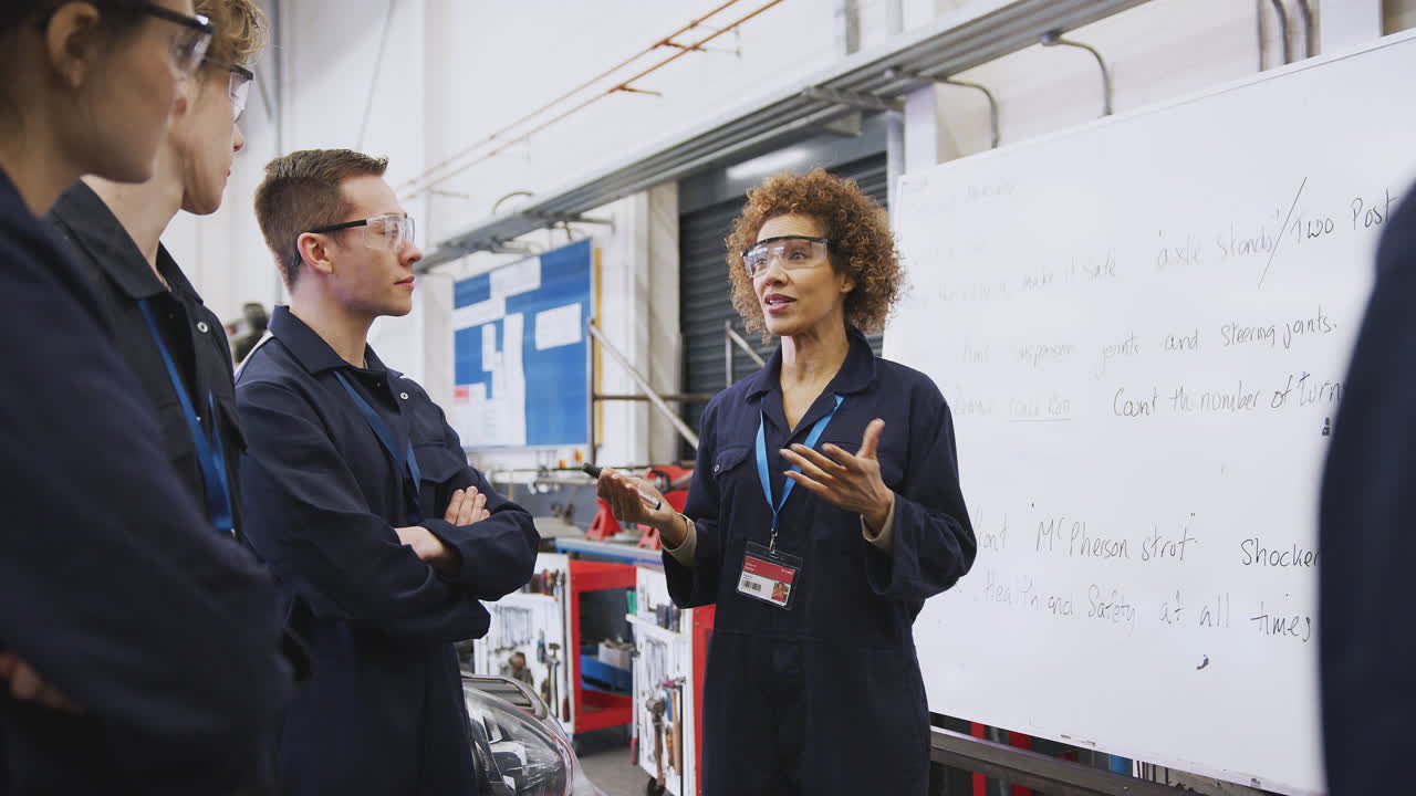 Female Tutor By Whiteboard With Students Teaching Auto Mechanic Apprenticeship At College