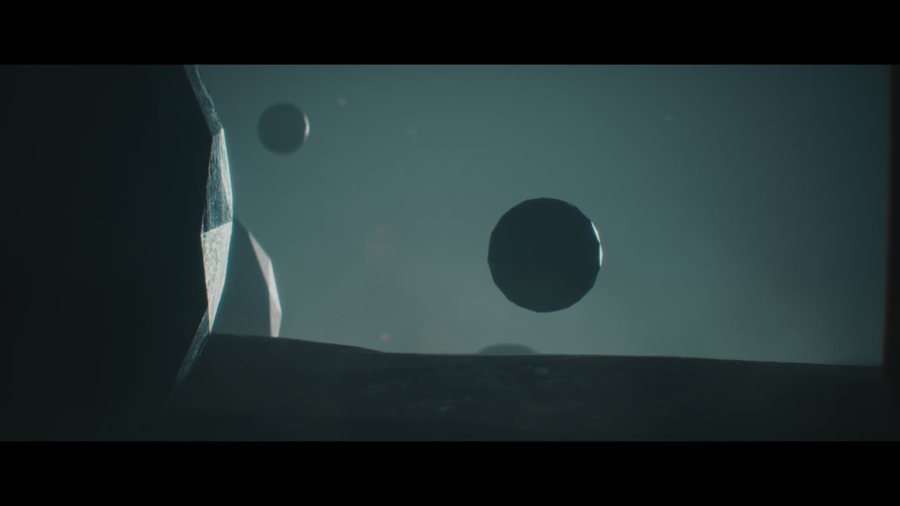 Alien planet desert landscape at night with strange sphere-shaped buildings