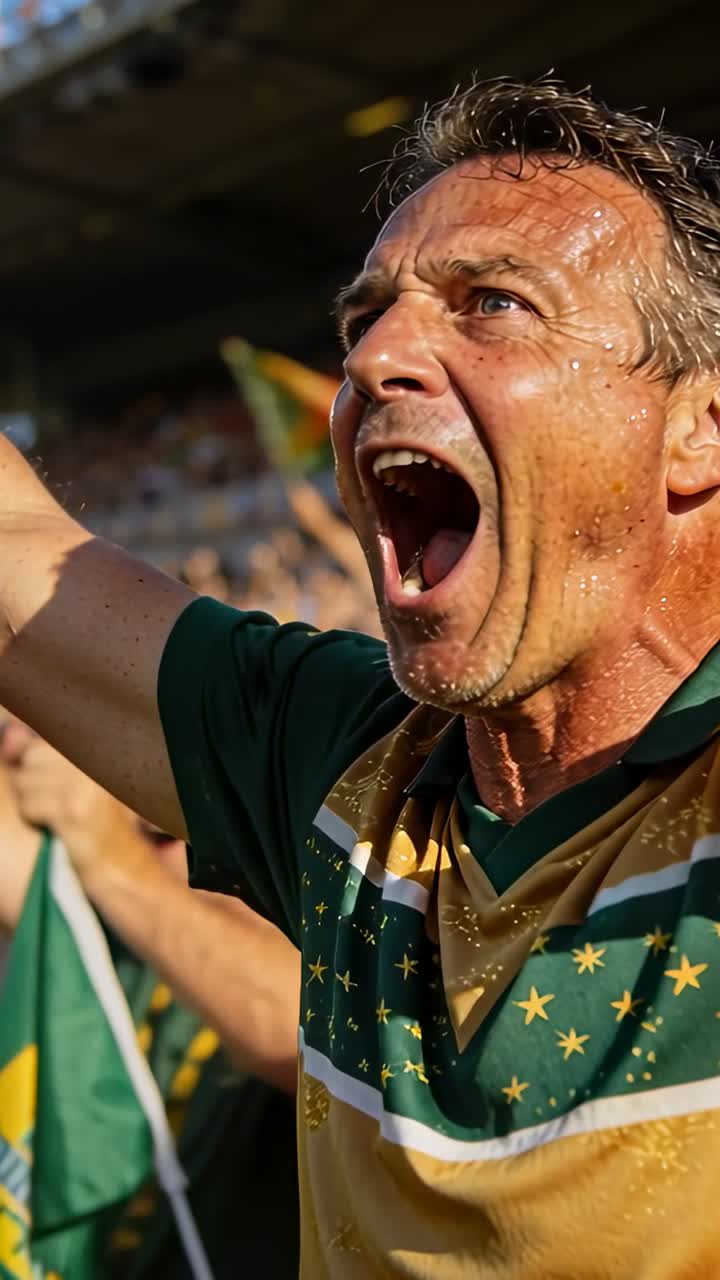 Verticale video: Schreeuwende fan in groen-gouden shirt viert spel op tribune met vlaggen