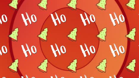 animation of ho ho ho text and christmas cookies on red background