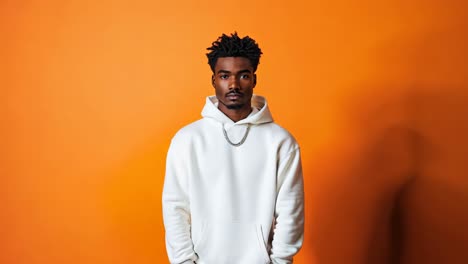 a man in a white hoodie standing in front of an orange background