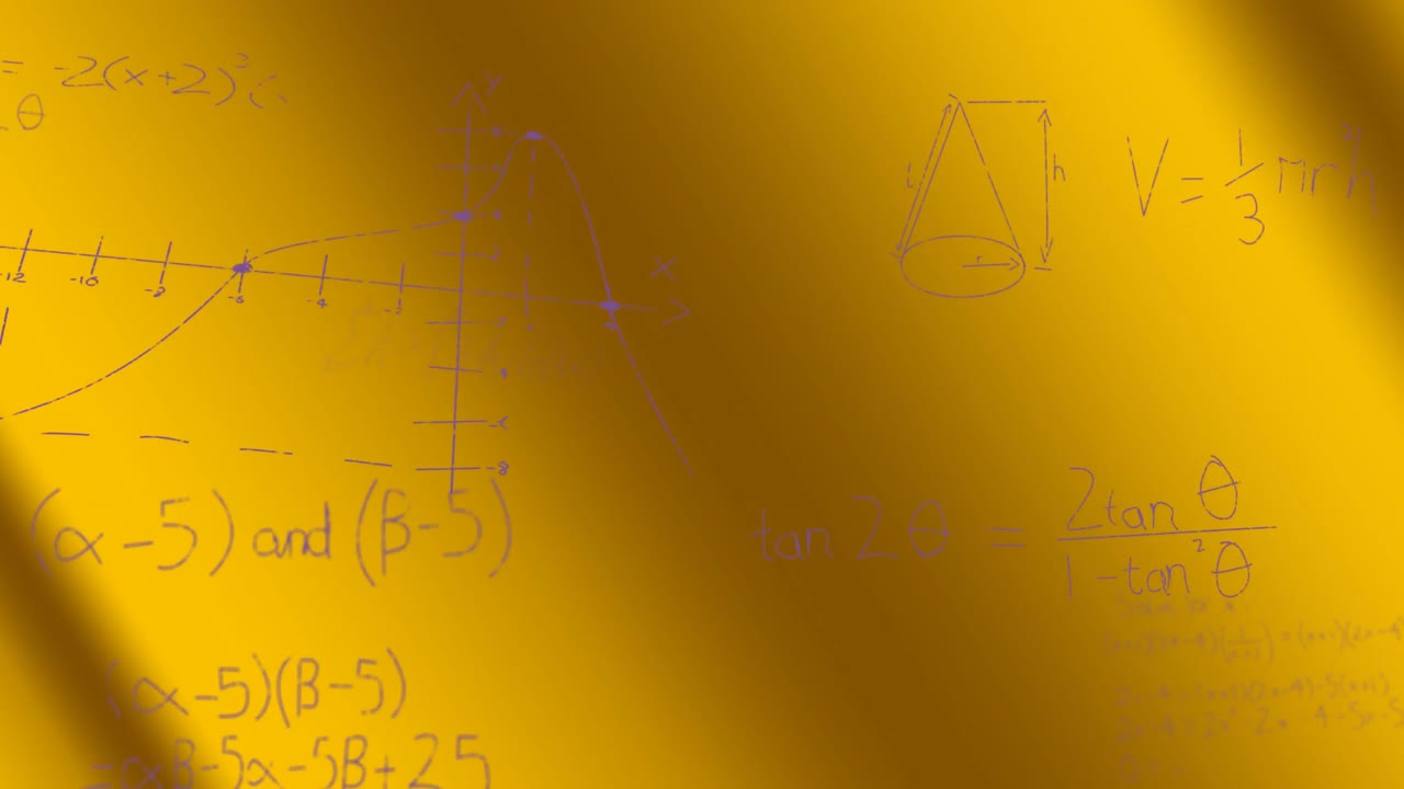 animación de ecuaciones matemáticas y diagramas sobre fondo amarillo