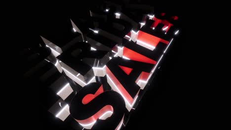 black friday sales sign on black background, with black and red letters, neon light behind them, glossy materials, and reflections, 3d animation camera zoom out from the side