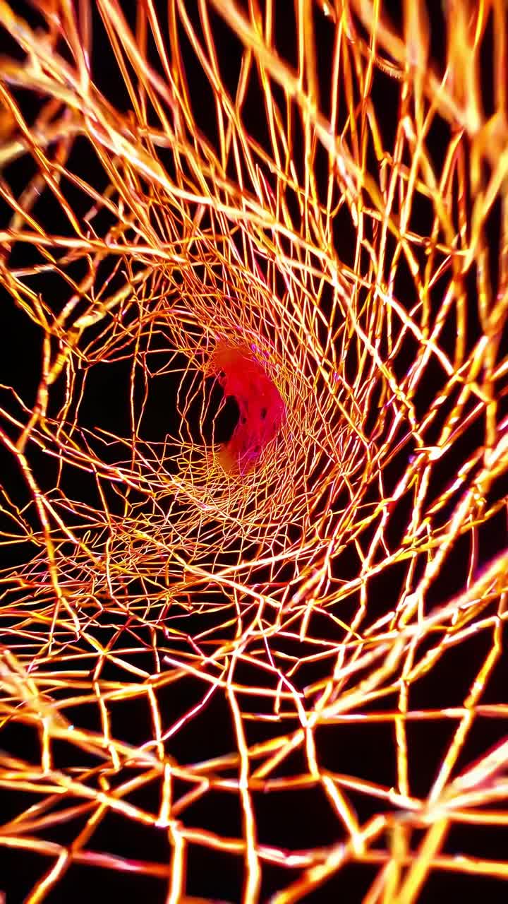 Neon luminescence generating immersive tunnel illusion, spiraling through darkness with electrifying color gradients, revealing dimensional depth and kinetic energy