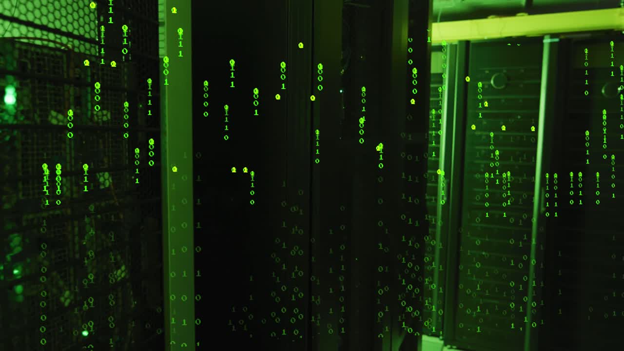 Animation of falling binary codes over illuminated data server racks in server room