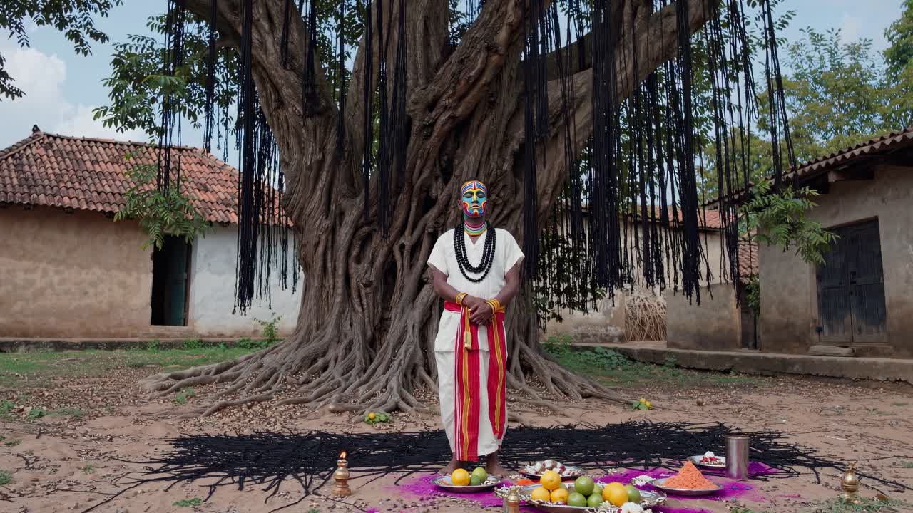 Indian shaman with painted face performing a mystical ceremony under a sacred tree decorated with black threads, surrounded by offerings and ritualistic objects in a rural village in India