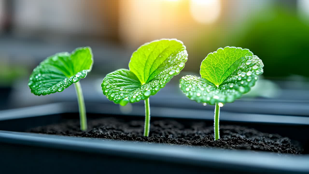 Growing seedlings in a garden setting. Young green seedlings with moisture on their leaves grow in rich soil, reflecting sunlight in a garden