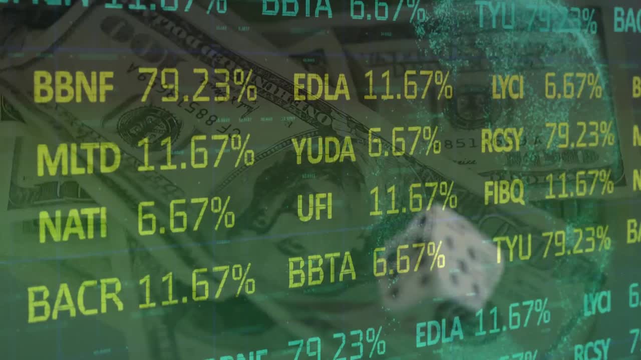 두 개의 주사위와 초록색 배경의 미국 달러 지폐에 대한 금융 데이터 처리 애니메이션