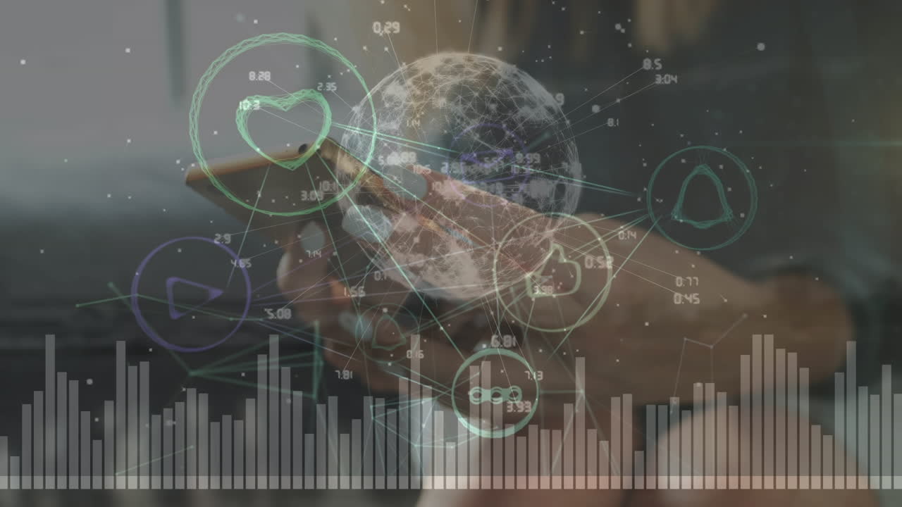 스마트폰을 사용하는 백인 여성에 대한 글로브와 연결 네트워크의 비디오