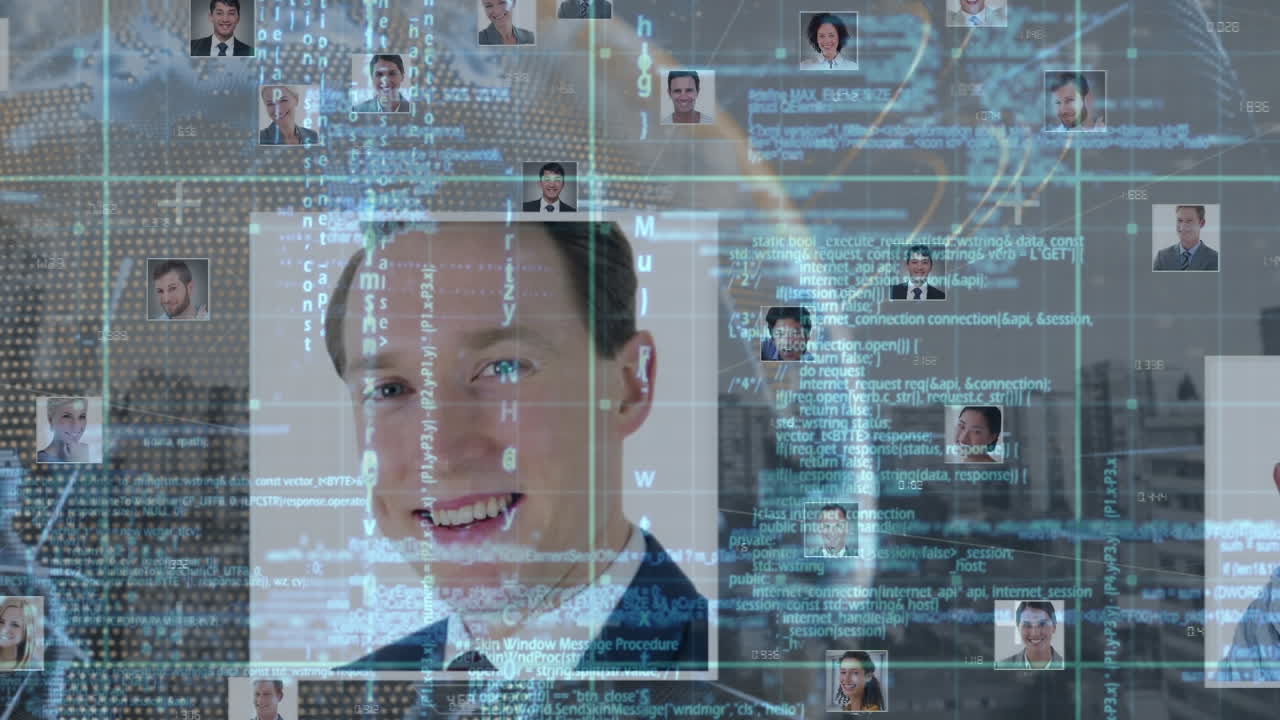 전 세계 데이터 처리 및 비즈니스맨과 비즈니스맨의 사진 네트워크의 애니메이션