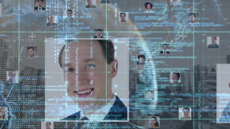 animación del procesamiento de datos en todo el mundo y red de fotos de hombres y mujeres de negocios