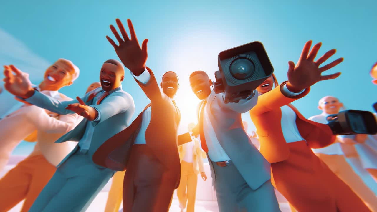 A vibrant group of cheerful individuals celebrating a moment, exuding positivity and excitement, standing together under bright sunlight while engaging with the camera and waving joyously