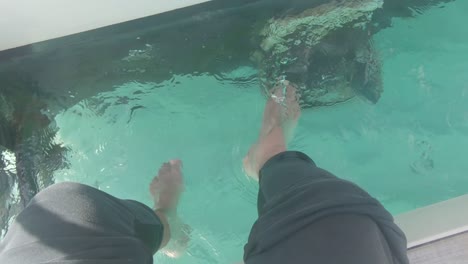 top view of a young girl's feet sitting on the shore of a harbor touching the beautiful ocean water