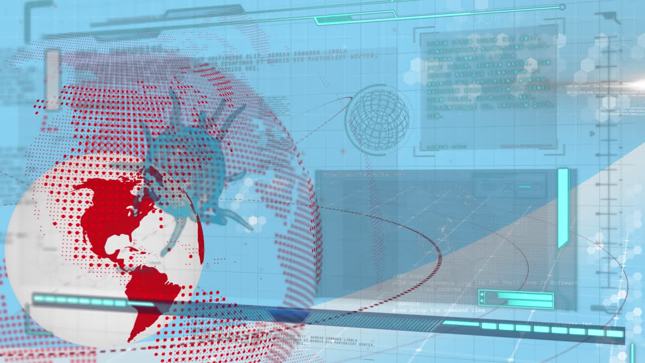 파란색 배경에 바이러스 세포와 함께 데이터 처리에 대한 지구의 애니메이션