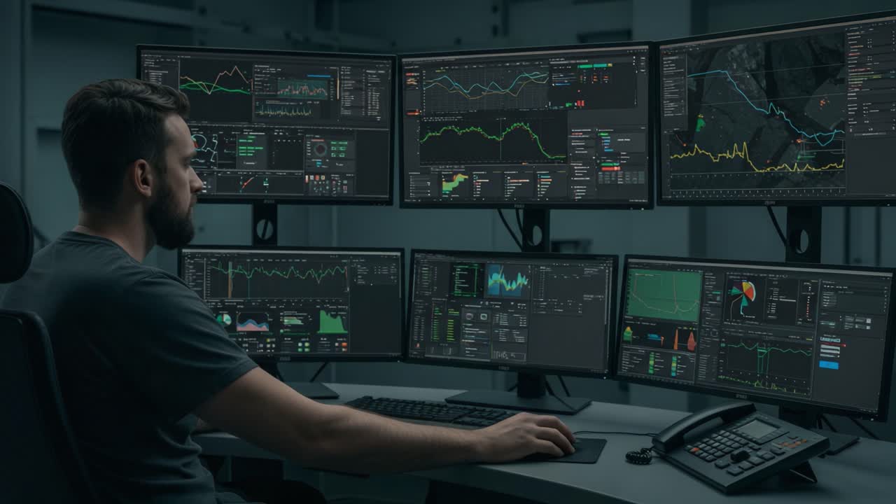 A Focused Analyst Engaged in Data Analysis Surrounded by Multiple Monitors Displaying Complex Graphs and Real-Time Analytics in a High-Tech Workspace