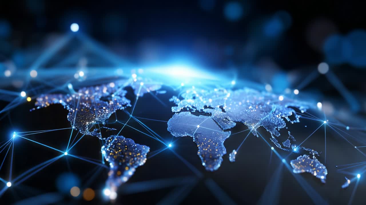A breathtaking view of a digital world map illuminated by glowing network connections, showcasing the interconnectedness of global data and technology in a stunning cosmic atmosphere
