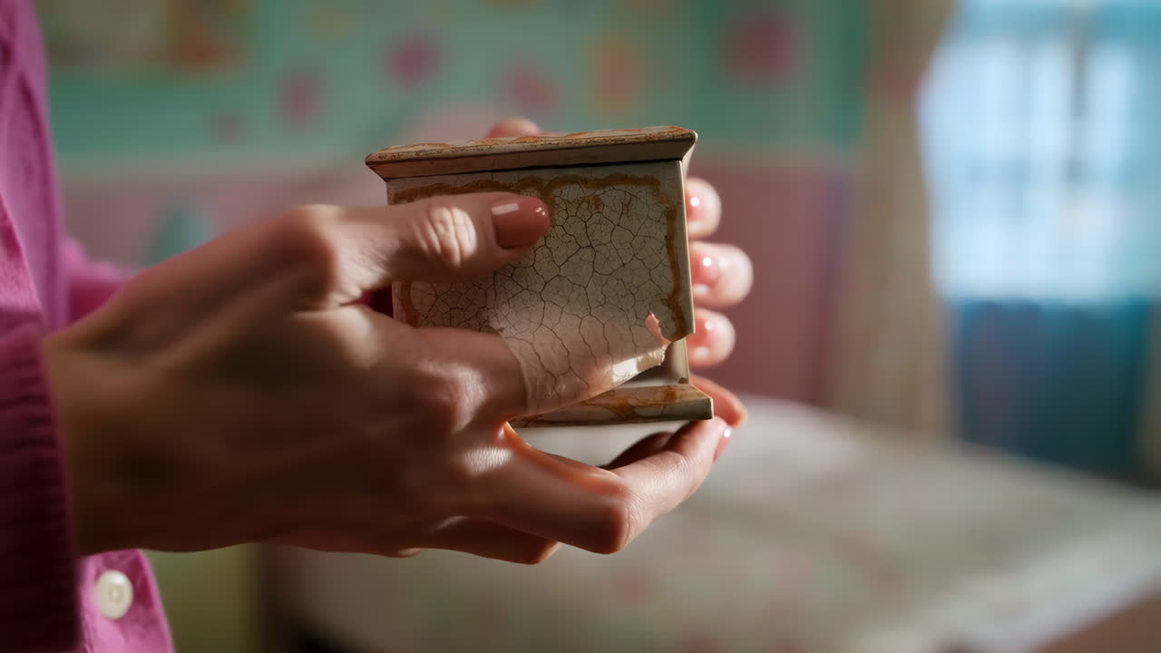 Hands holding an old, cracked box in a room