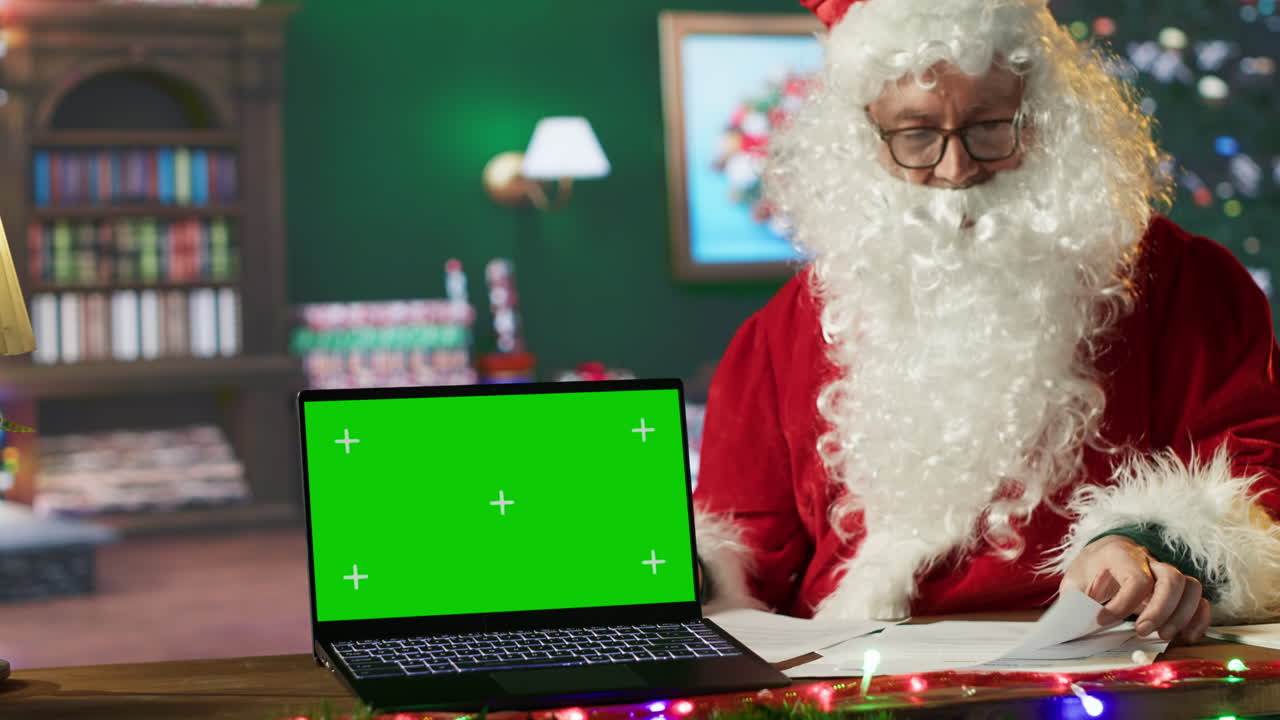 Santa Claus using a laptop with a green screen while reading a letter
