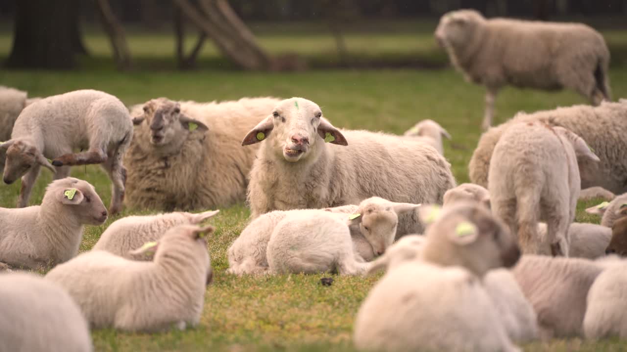 una oveja comiendo hierba en medio de la manada, los corderos jóvenes corren juguetonamente