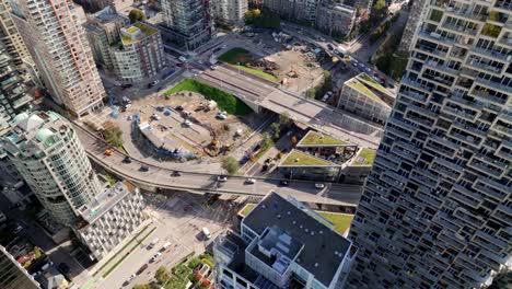 aerial view of squamish nation housing building site along granville bridge hwy 99 in vancouver, bc canada.