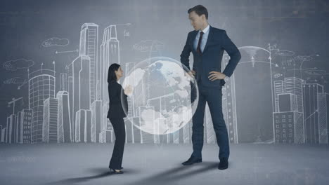 animation of huge businessman talking with small businesswoman over globe and city