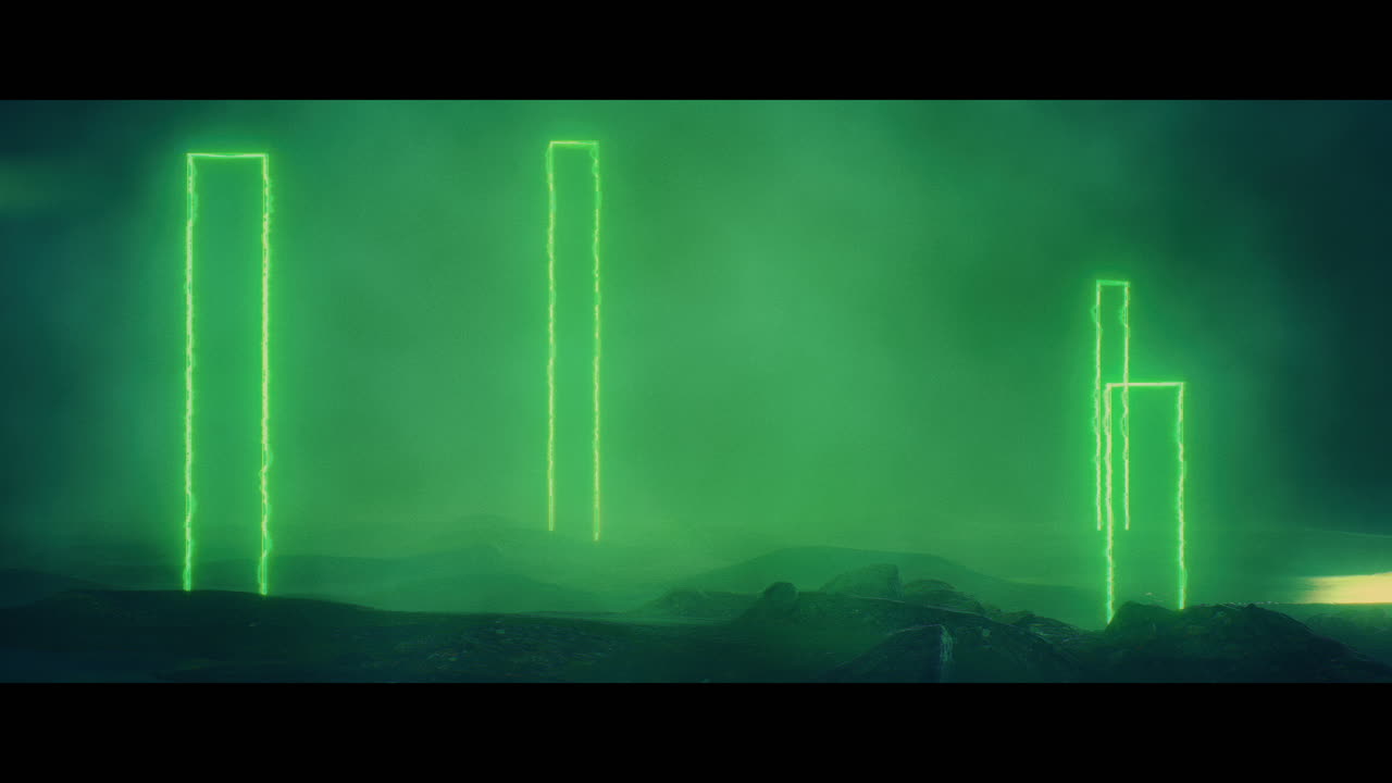 Rocky landscape with huge green light portal structures