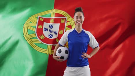 animation of biracial female soccer player over flag of portugal