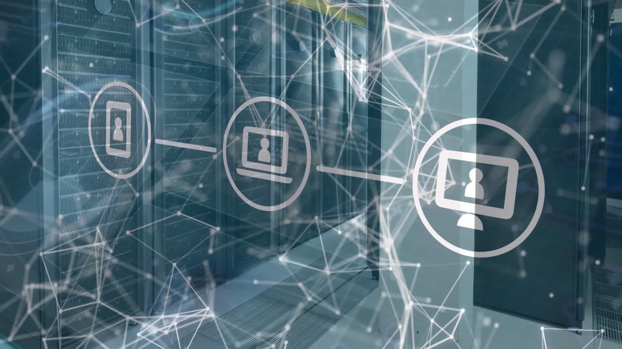 animación de iconos digitales y redes de conexiones a través de servidores informáticos